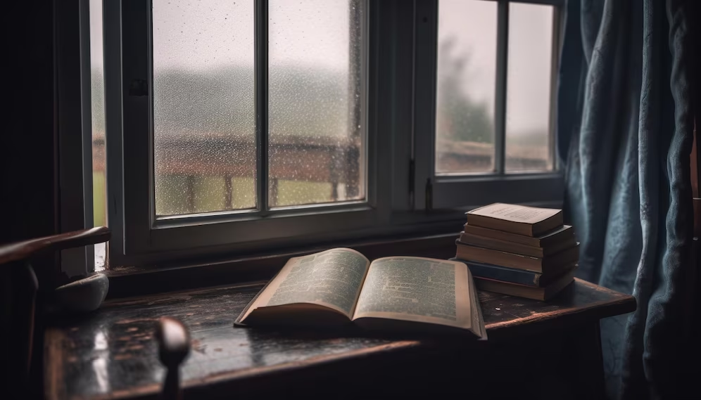 Open book and stack of books on a table near window view in a dark room